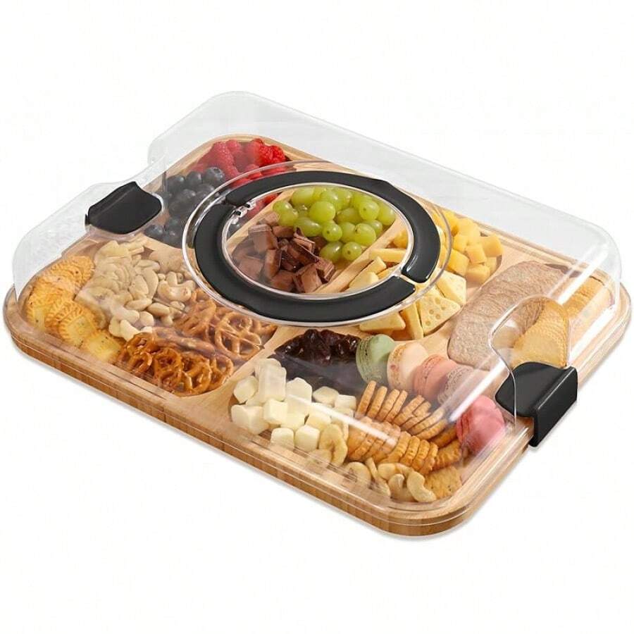 Cutting Board - Charcuterie Boards With Lid, Portable Cutting Boards For Kitchen, Bamboo Cheese Board For Snack, Charcuterie (6 Compartments Obsidian) - Đá vỏ chai - Xem 1