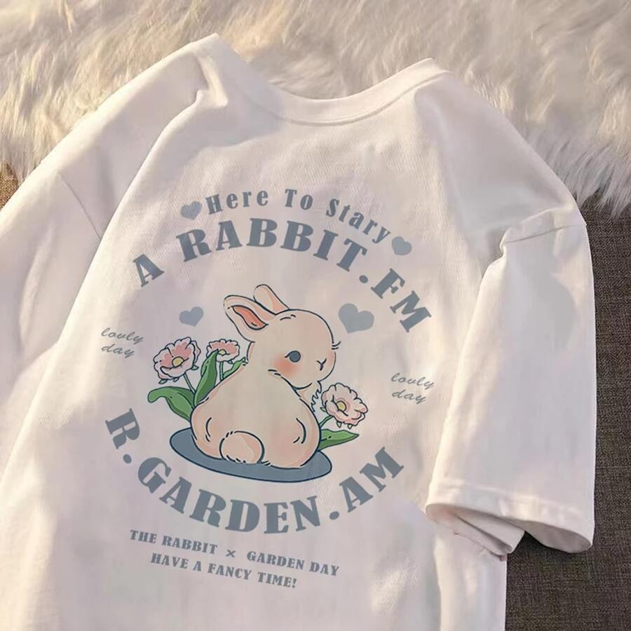 A Rabbit Garden Unisex Basic Cotton T-Shirt - Blanco - Ver 1