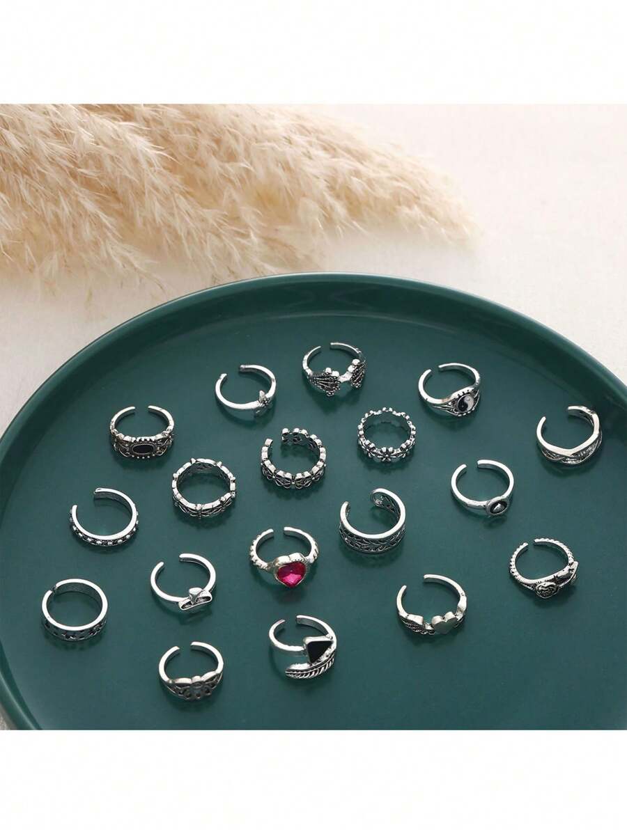 18 Pcs Metallic C-Shape Hollow Geometric Flower & Heart Rhinestsone Embellished Elegant Punk Rock Style Toe Rings Set For Women - 18-piece Anklet Ring Set - View 1