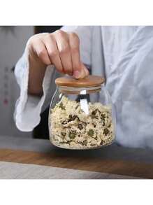 1pc Transparent Glass Storage Jar, High Borosilicate Glass Sealed Jar With Bamboo Wooden Lid & Wooden Bead Triangle Tea Canister Back To School