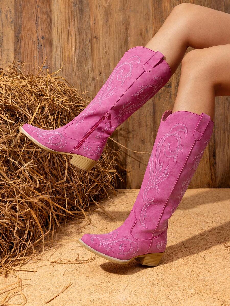 Women's Chunky Heel Embroidered Western Boots Pull On Side Zipper Knee High Boots Comfortable Fashionable Versatile Casual Outdoor Western Cowboy Cowgirl Boots - 玫紅色 - 查看 1