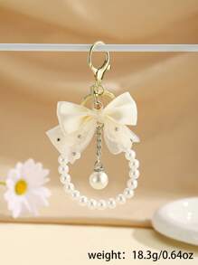 1pc Elegant Oversized Bow Pearl Keychain, Fashion Handbag Accessory With Gold-Color Hardware, Suitable For Bags And Phone Cases, Ideal Gift For Various Holidays