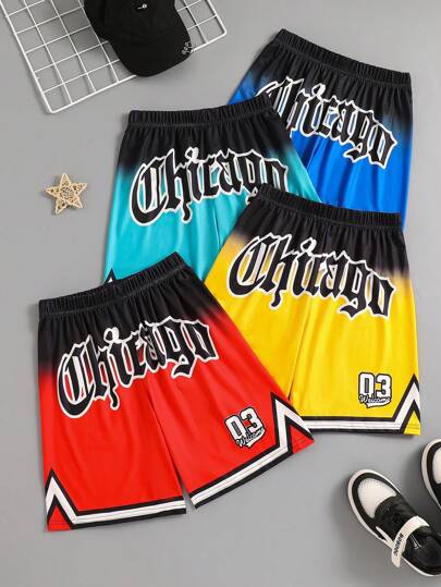 4 件套男童户外渐变字母和数字 03 印花短袖透气短裤，春夏