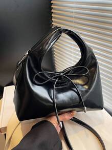 1 件简约百搭优质新月形蝴蝶结手提包女士单肩包，适合日常购物、通勤和工作，女士时尚单肩斜挎包 - 黑色 - 查看 1