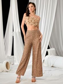 Fashionable Elegant Sexy Party 2pcs Set: Strapless Floral Cutout Crop Top & Wide Leg Sequin Pants - Apricot - View 3