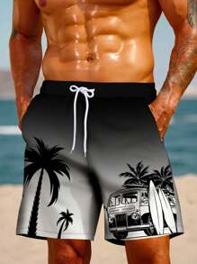 Men's Hawaiian Vacation Casual Outdoor Sports Coconut Tree Gradient 3D Digital Print Relaxed Single Layer Beach Shorts With Drawstring - Black - View 1