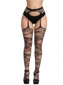 Hollow Out Fishnet Garter Tights - Black - View 8