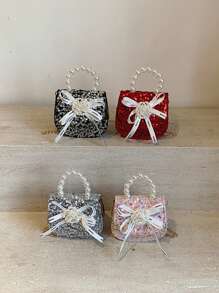 Pu Magnet Closed Fashion Bow Sequin Pearl Handbag Bag, Niche Design Exquisite Girls Lipstick Dinner Chain Bag Comfortable Sweet Fashionable One-Shoulder Crossbody Mini Bag, Smooth And Versatile And Not Picky, Suitable For Daily Outings, Play, Use The Perfect Gift For Girls, Friends, And Relatives. - Pearl Handbag - View 2