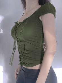 Women Y2K Short Sleeve Crop Tops Summer Retro Lace Trim Tie Front Slim Fit T-Shirt Fairy Grunge Streetwear