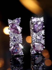 1 对优雅女士合成锆石环状耳环，奢华婚礼耳环，精致银色调 - 耳圈 - 查看 1