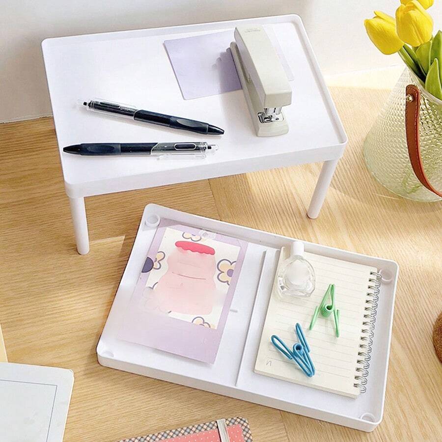 1 pieza Estantería doble de escritorio de unicolor simple estilo Ins, escritorio multifuncional para almacenamiento de papelería, apta para archivos y artículos de oficina