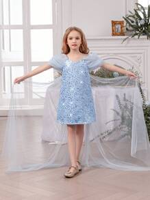 Tween Girls Spaghetti Strap Trailing Mesh Sequin Dress, Princess Gown Suitable For Easter, Birthday Gift, Party, Banquet, Flower Girl, Bridesmaid, Prom, Festival Celebration Outfit - Baby Blue - View 8