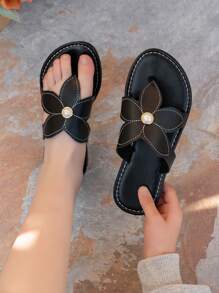 Dép đế bằng họa tiết hoa chống trượt mùa hè 2025 mới thoáng khí nhẹ đơn giản - màu đen - Xem 6