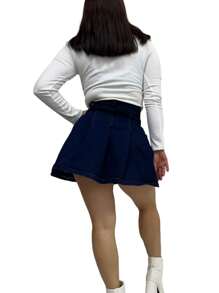 Falda tableada de mezclilla - Azul Marino - Ver 6