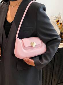 1pc Minimalist Solid Color Magnetic Heart Decor PU Zipper Shoulder Bag, Fashion Women Handbag For Work, Dating, Shopping