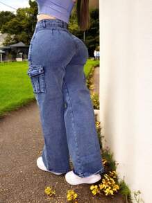 Pantalon jeans de mezclilla estilo corte ancho cargo stretch para dama mujer push up cintura alta urbano sin bolsas traseras - Barrido sin bolsas - Ver 2