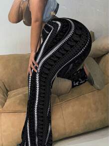Plus Size Fashion Casual Geometric Print Flare Pants Spring Black - Black - View 5