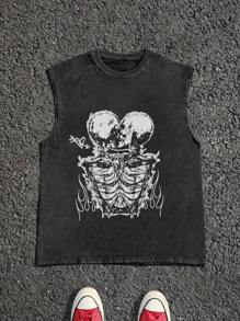Plus Size Men Sleeveless Casual Top, Skull, Flame, Heart Kiss Print, Streetwear Round Neck Washed Tank Vest, Y2K Style Suitable For Daily Wear