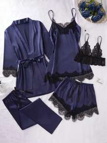 5-Piece Satin Pajama Set For Women - Elegant All-Season Sleepwear, Including Long-Sleeved Tunic Robe, V-Neck Camisole Dress, Camisole Top, Red Stretch Shorts And Pants, Soft, Skin-Friendly Sleepwear And Loungewear For All Seasons - 藏蓝色 - 查看 1