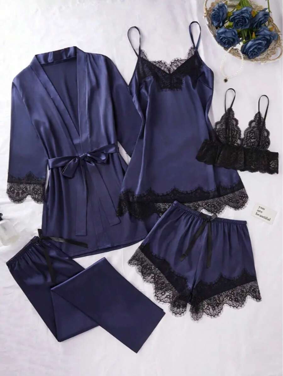 5-Piece Satin Pajama Set For Women - Elegant All-Season Sleepwear, Including Long-Sleeved Tunic Robe, V-Neck Camisole Dress, Camisole Top, Red Stretch Shorts And Pants, Soft, Skin-Friendly Sleepwear And Loungewear For All Seasons - 藏蓝色 - 查看 1