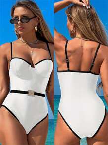 Women Monokini Swimsuit Summer Contrast Color Spaghetti Straps Sleeveless Swimwear For Beachwear Bathing Suits - White - View 1