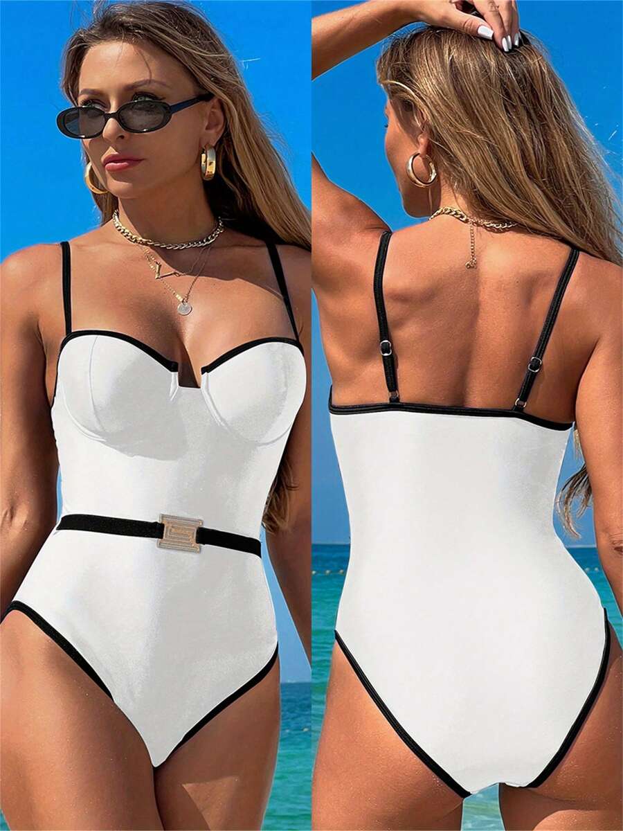 Women Monokini Swimsuit Summer Contrast Color Spaghetti Straps Sleeveless Swimwear For Beachwear Bathing Suits - White - View 1