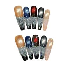 10Pcs Cat Eyes Long False Nails With Flash Glitter Long Lasting Material Waterproof False Nails For Professional Nail Art Salon Supply Press On Nails Nail Supplies Nails