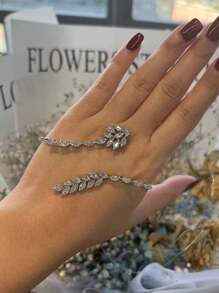 1 件奢华锆石叶手链，时尚简约，新娘结婚珠宝（可调节） - 銀色 - 查看 2