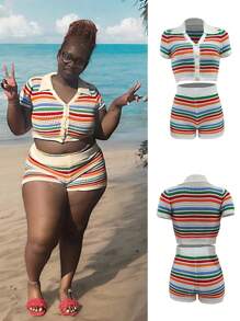 Ensemble tricot rayé contrastant à rayures ajourées grande taille : top à manches courtes et shorts, tenue 2 pièces, printemps/été