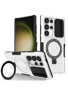 防震装甲滑盖磁力支架无线充电外壳兼容三星 Galaxy S25 S24 S23 S22 Ultra Plus 防震防摔保护套防水防刮 - 白色 - 查看 5