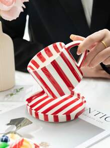 1件套红色条纹陶瓷杯碟套装，经典红白条纹陶瓷咖啡杯碟套装，英式下午茶，红茶杯碟，家用下午茶，咖啡，果汁，牛奶，水杯，送给朋友和同学返校的理想礼物