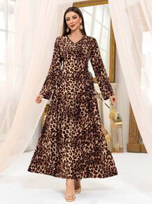 Women Leopard Print Tunic Waist Long Sleeve Dresses Elegant Long Sleeve Robe Abaya Modest Kafftan Jalabiya Arabian Dresses Ramadan Style For Summer Dresses