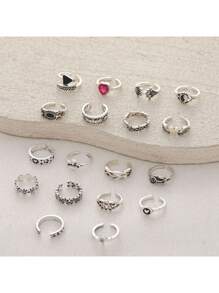 18 Pcs Metallic C-Shape Hollow Geometric Flower & Heart Rhinestsone Embellished Elegant Punk Rock Style Toe Rings Set For Women - 18-piece Anklet Ring Set - View 3
