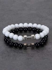 2pcs Dumbbell Bracelet Set Men Matte Black Lave White Beads Charm Dumbbell Strand Bracelets Women Barbell Fitness Jewelry