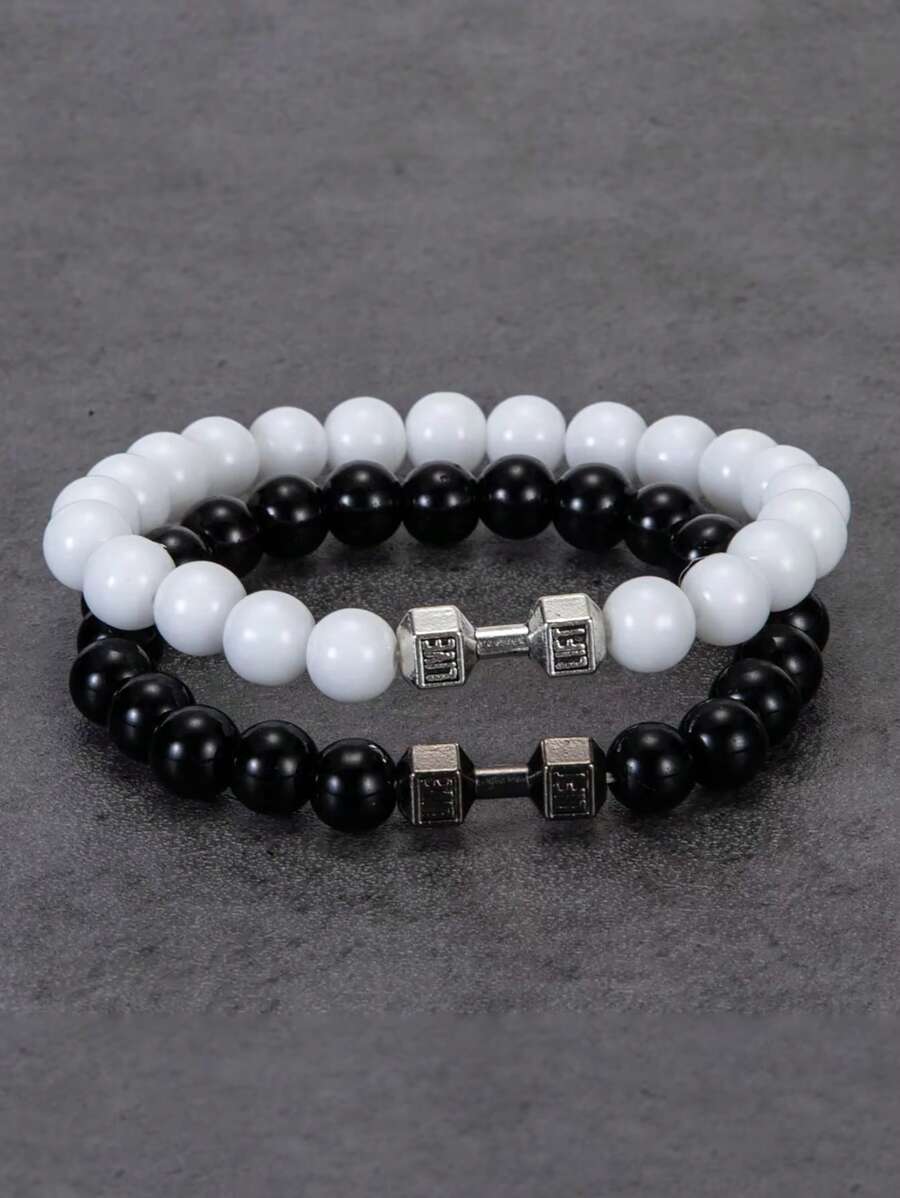 2pcs Dumbbell Bracelet Set Men Matte Black Lave White Beads Charm Dumbbell Strand Bracelets Women Barbell Fitness Jewelry