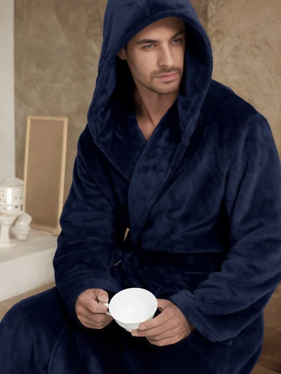 1pc Flannel Thick Autumn/Winter Soft & Comfortable Couple Double Pocket Luxury Fleece Hooded Belted Bathrobe For Men, For Fall Winter, Fluffy, Cozy