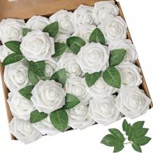 25 pièces de fleurs artificielles, roses en mousse d'ivoire factices à l'aspect naturel avec tiges pour bouquets de mariage DIY, centres de table pour la douche de mariée, arrangements, décorations de tables de fête, décoration florale pour la maison