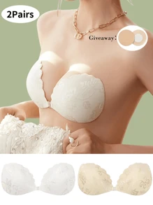 3 Pairs Of Lace Self-Adhesive Bras In Different Colors, Invisible Self-Adhesive Bras (With Free Transparent Shoulder Straps And 2 Breast Stickers), Backless Push-Up Bras, Reusable Silicone Covers, Nipple Bras - Multicolor - View 21