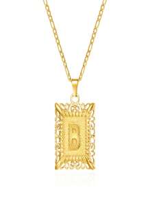 Fashion Light Luxury Stainless Steel Figaro Chain Square Hollow 26-Letter Pendant Necklace Suitable For Banquets And Holiday Daily Wear - 金色 - 查看 8