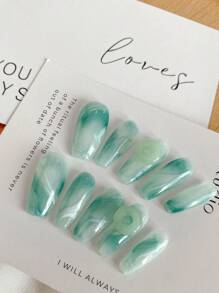 10 piezas de uñas postizas personalizadas, uñas en forma de ataúd largas, arte de uñas de primavera y verano, nuevo diseño de moda DIY con patrón de degradado verde, azul celeste y lluvia, accesorios de uñas verdes, suministros de uñas desprendibles y reutilizables, polvo de uñas, purpurina de uñas, adecuado para que las niñas y las señoras lo usen en el escenario, fiestas de baile, bodas, escenas festivas, uñas personalizadas; texto personalizado; imágenes personalizadas.