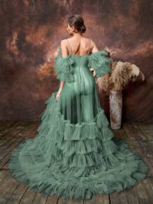 Faeriesty Dressalisa Elegant Off-Shoulder Maternity Dress, Layered Chiffon Skirt, Suitable For Baby Shower Parties And Formal Occasions | Wedding Guest Dress, Evening Gown, Bridal Luncheon Dress, Afternoon Tea Event Dress - Green - View 2