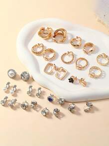 15 Pairs/Set Non-Pierced Earrings, Includes Black Flower Earrings, Blue Cubic Zirconia Ear Clips, Versatile Geometric Cubic Zirconia And Pearl Earring Sets - Multicolor - View 10