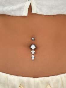 1pc Fashionable Minimalist Zirconia Navel Piercing Ring - Silver - View 1