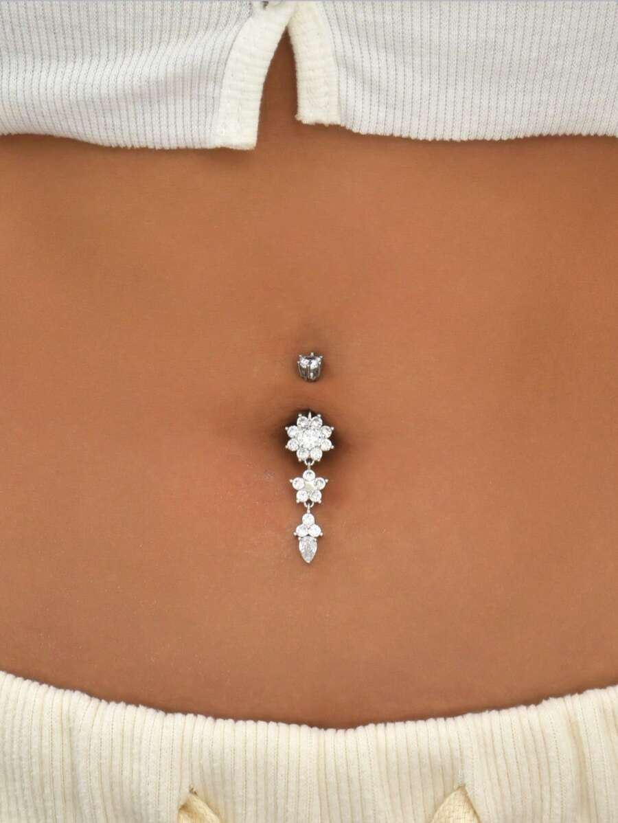1pc Fashionable Minimalist Zirconia Navel Piercing Ring - Silver - View 1