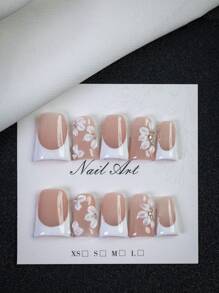 10片甜美清新鸭嘴法式假指甲，简约3D立体花朵美甲，法式设计，白色花朵点缀闪亮水钻，适合日常、休闲和轻松场合，是送给女性和女孩的最佳礼物，手工按压式美甲贴片 - 粉色 - 查看 2