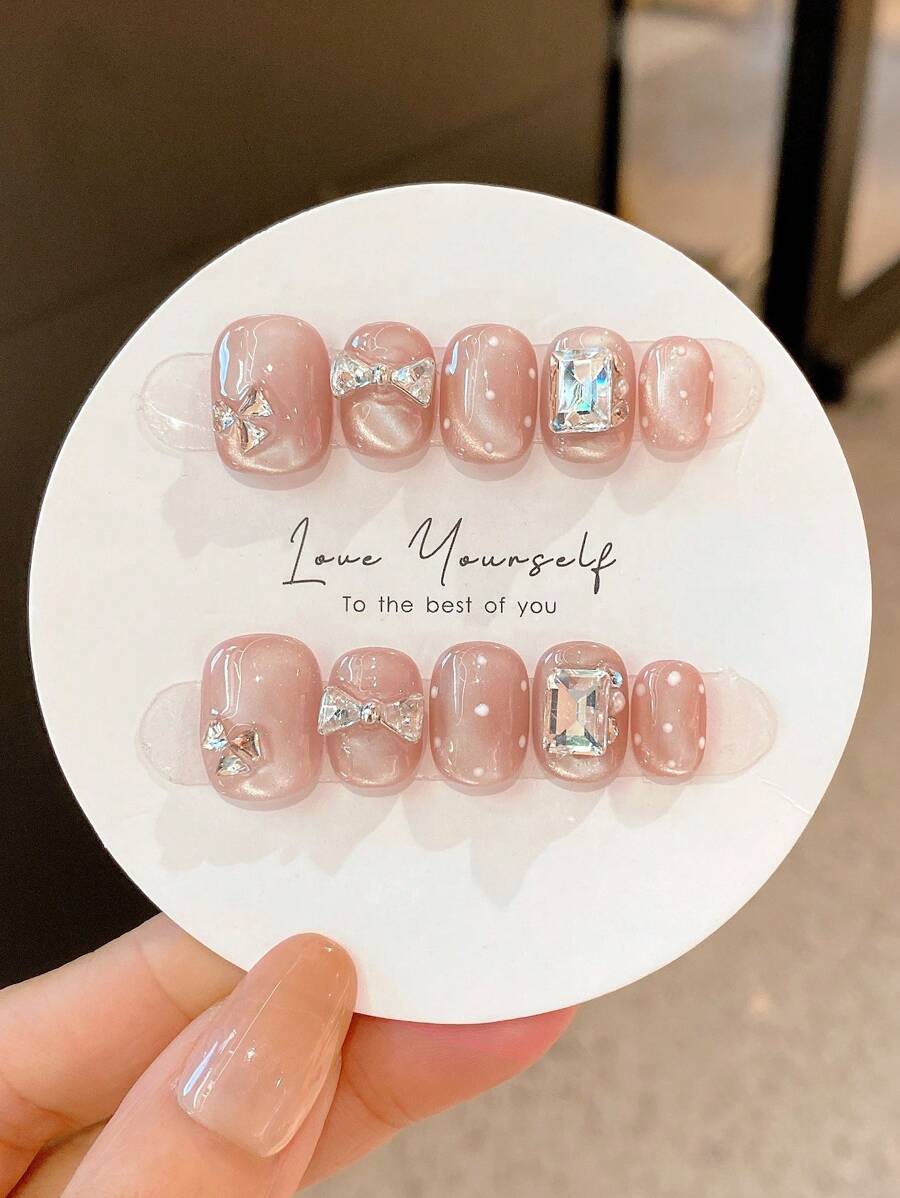 10片手工美甲按压式水晶半透明粉色猫眼蝴蝶结圆点迷你圆形美甲贴纸，简易美甲装饰按压式美甲贴片，美甲用品，手工按压式美甲贴片