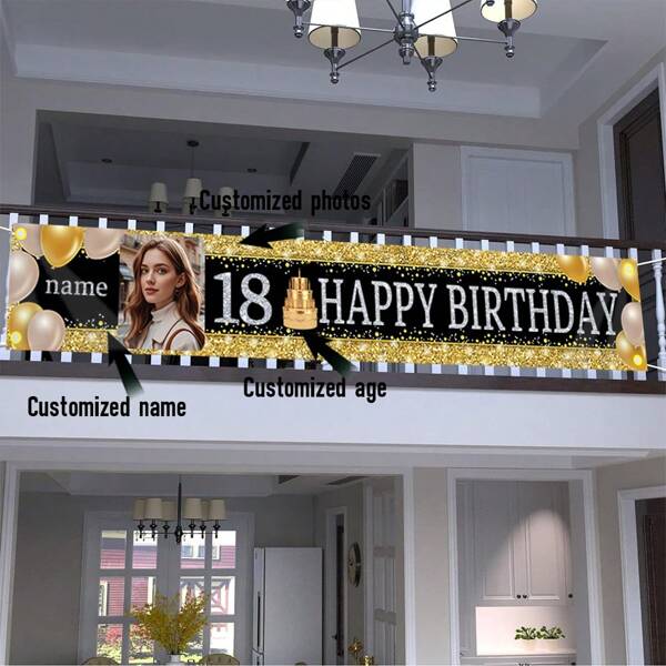 2D Polyester Fabric Backdrop With 4 Corner Holes, Customizable With Photo, Name, Age, Black & Gold Birthday Cake Pattern, Happy Birthday Party Banner, Flag, Celebration Decoration Photo Prop, Size 12x35.4/19.7x59/19.7x78.7/19.7x118.1 Inches