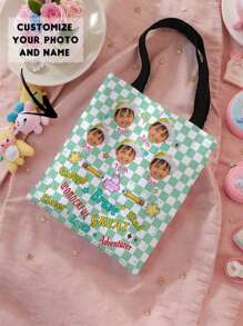 1pc Customizable Image & Name/Text Graphic Print Casual Tote Bag, One Shoulder Reusable Shopping Bag With Snap Closure, Multifunctional Shoulder Bag - Multicolor - View 6