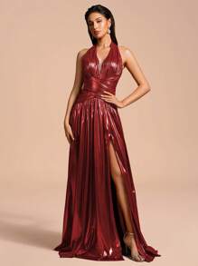 Romantica Women's Solid Color V-Neck Pleated Hem Slit Elegant Formal Dress, Sleeveless - Burgundy - View 4