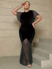 Plus Size Black Elegant Fitted Long Bodycon Dress, Ruffle Short Sleeves, Mesh Fishtail Hem, Suitable For Formal Occasions - Black - View 2